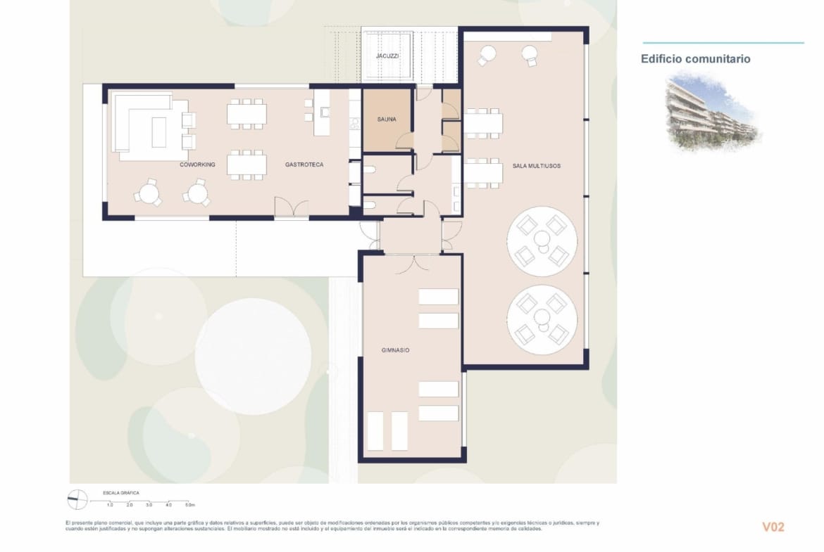 Plan of the communal building with gym, sauna, coworking and social spaces in El Verger, Alicante