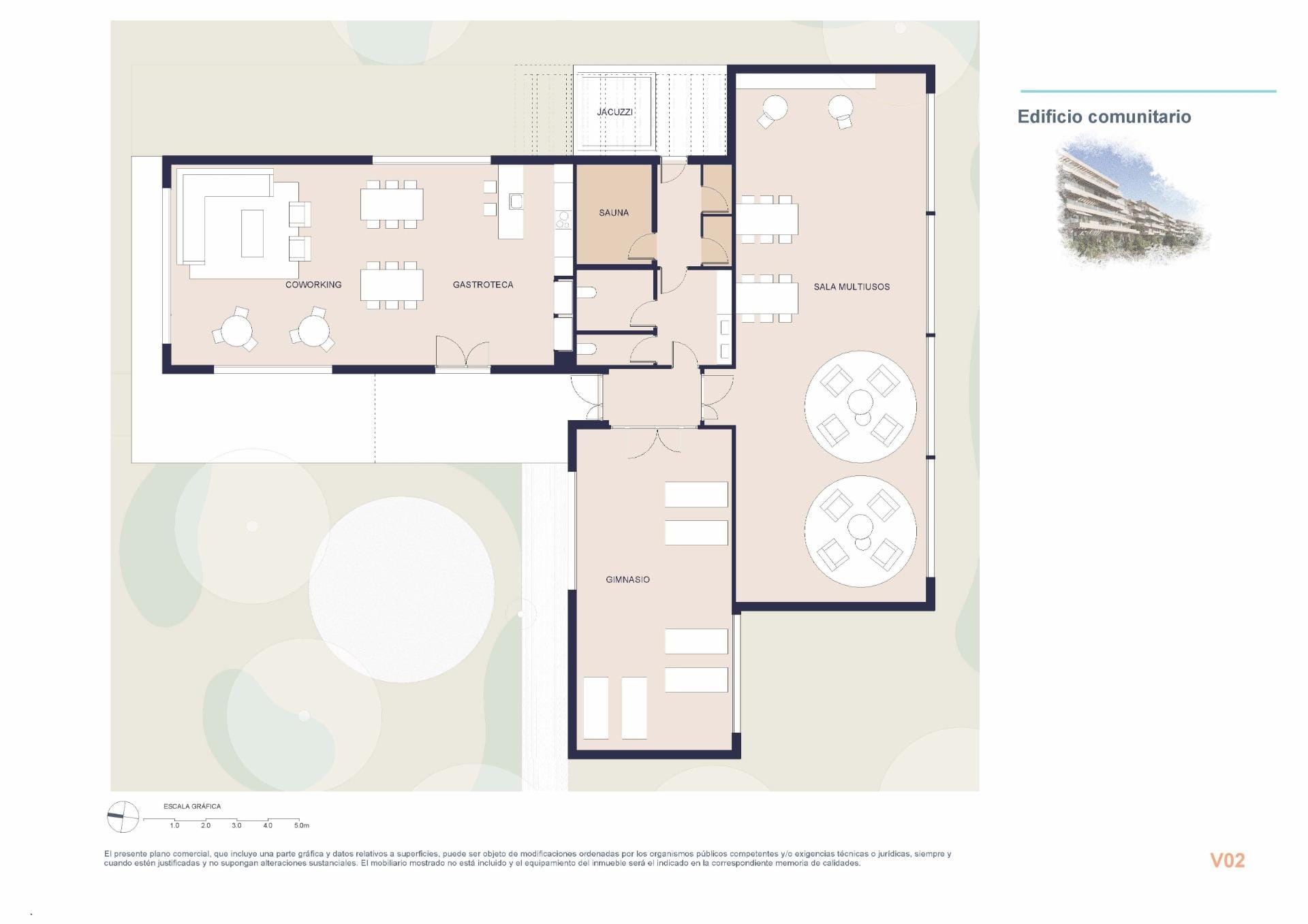 Plan of the communal building with gym, sauna and multipurpose spaces in El Verger, Alicante