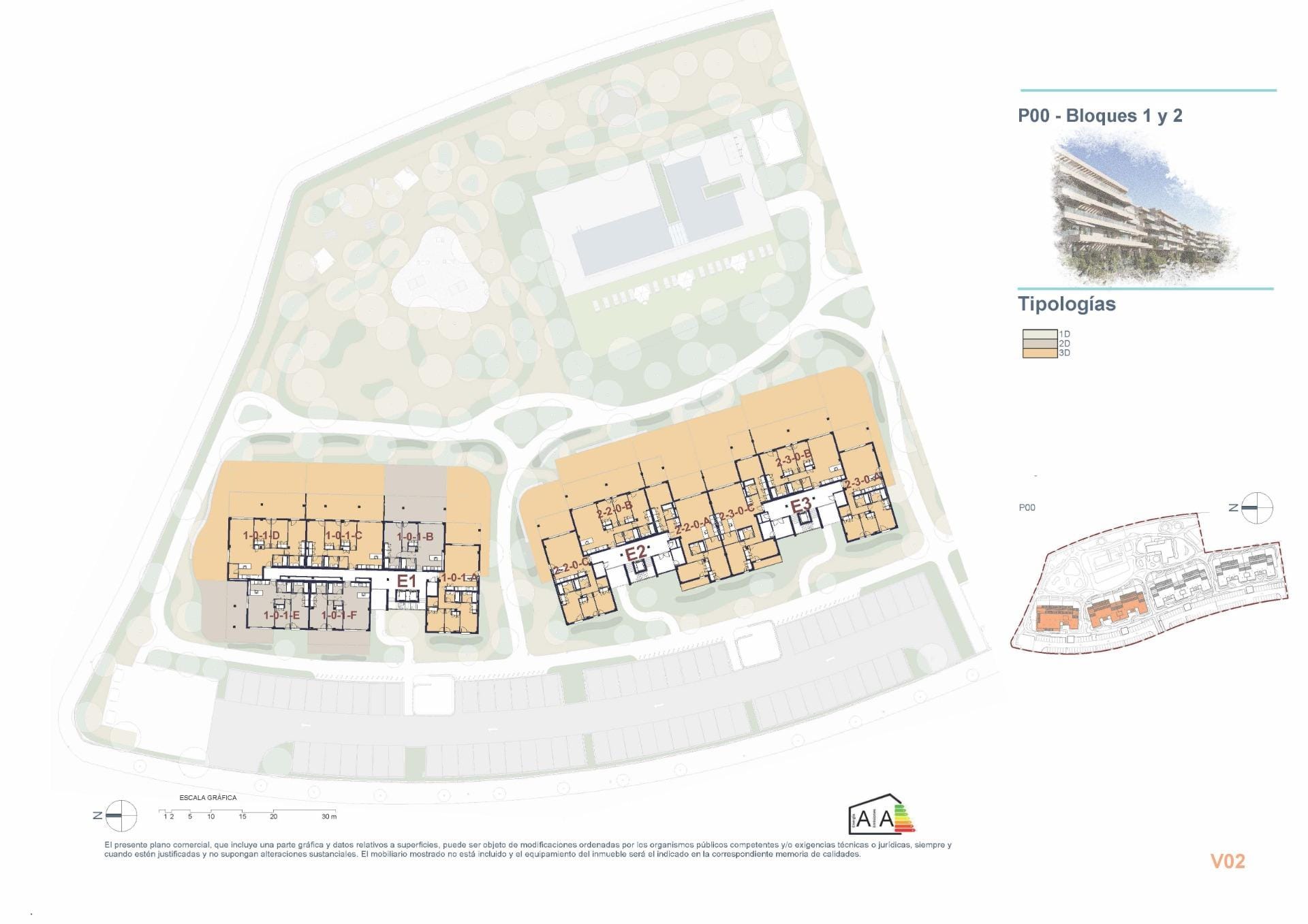 Ground-floor block plan showing apartment typologies in buildings 1 and 2 in El Verger, Alicante