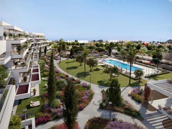 Elevated view over landscaped gardens and the communal pool in El Verger, Alicante