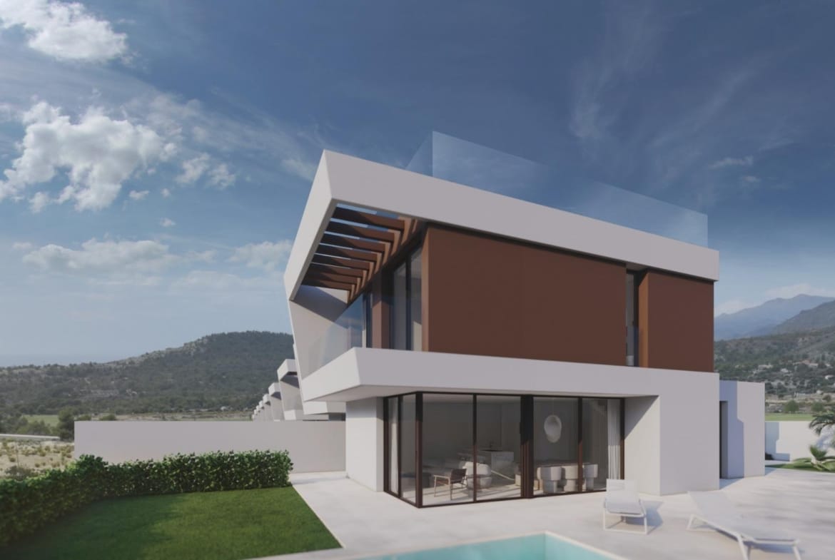 Rendering of a villa with corner glazing, a private pool and surrounding greenery in Puig Campana Golf, Finestrat, Alicante