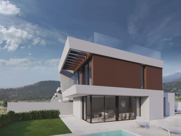 Rendering of a contemporary villa with corner glazing, a private pool and a garden in Puig Campana Golf, Finestrat, Alicante