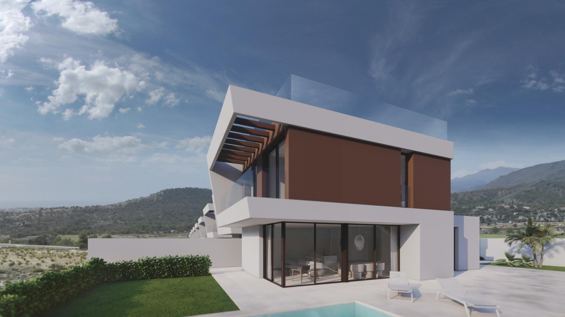 Rendering of a contemporary villa with corner glazing, a private pool and a garden in Puig Campana Golf, Finestrat, Alicante