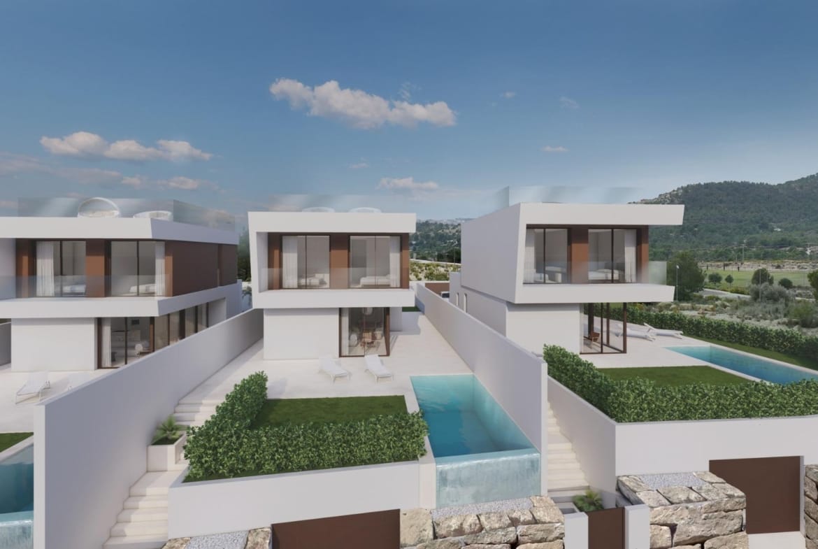 Rendering of neighbouring villas with private pools, garden terraces and sea-facing glazing in Puig Campana Golf, Finestrat, Alicante