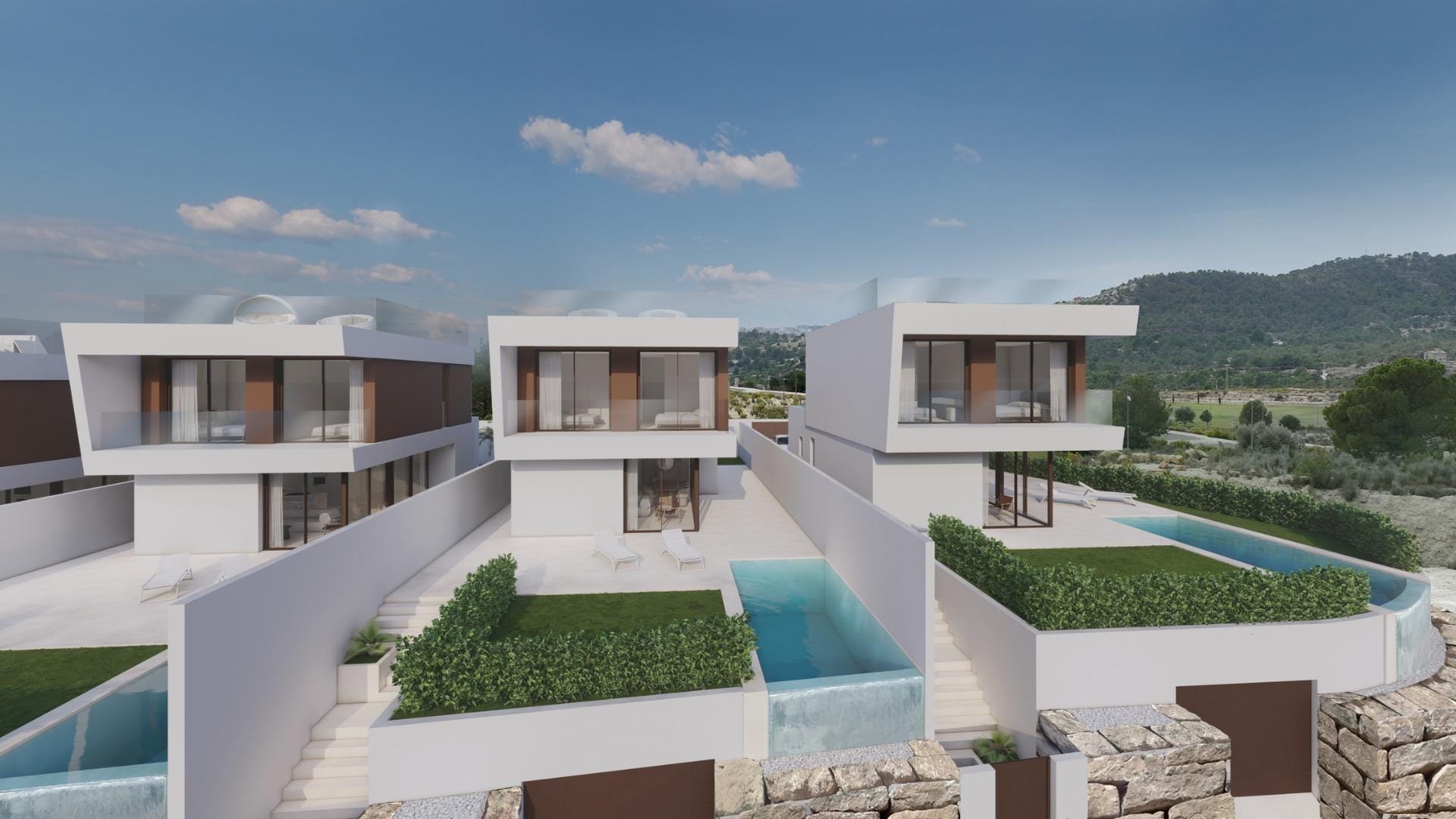 Rendering of neighbouring villas with private pools, garden terraces and sea-facing glazing in Puig Campana Golf, Finestrat, Alicante