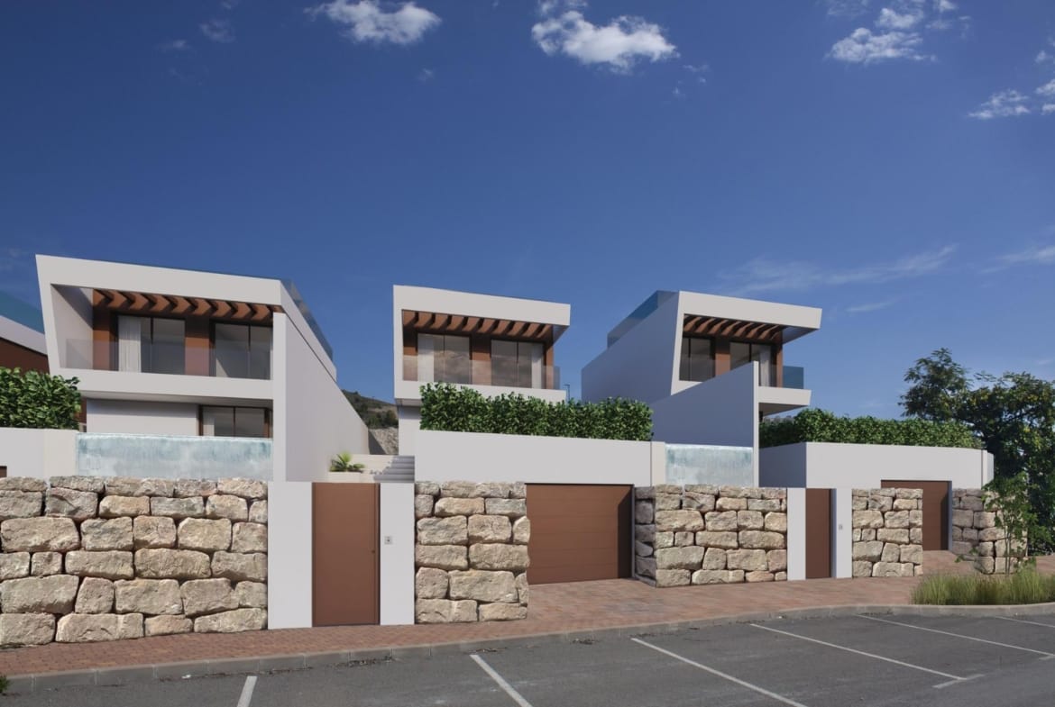 Street-view rendering of villas with white angular facades, stone walls and entrance gates in Puig Campana Golf, Finestrat, Alicante