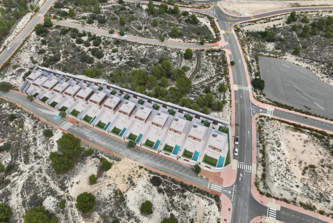 Aerial rendering of a row of villas with private pools, roof terraces and road access in Puig Campana Golf, Finestrat, Alicante