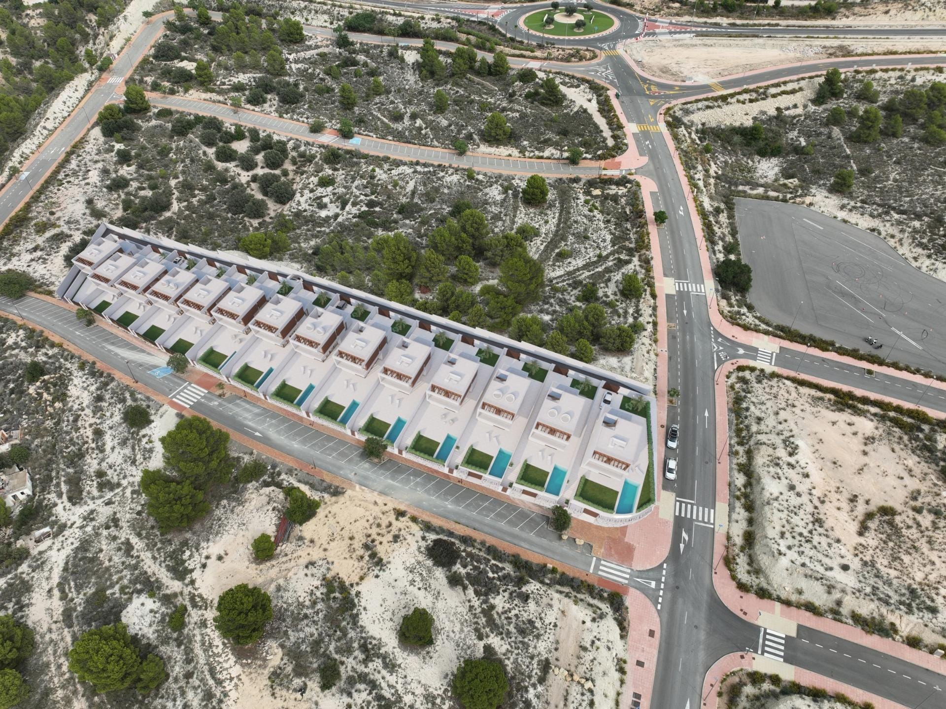 Aerial rendering of a row of villas with private pools, roof terraces and road access in Puig Campana Golf, Finestrat, Alicante