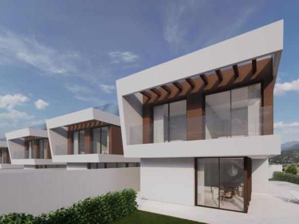 Rendering of a contemporary villa with an angular white facade, shaded upper terrace and garden in Puig Campana Golf, Finestrat, Alicante