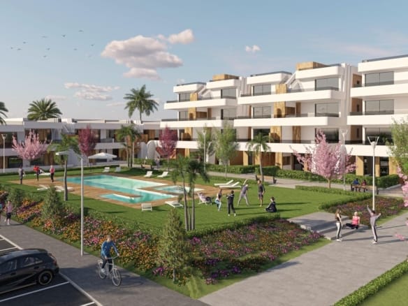 Landscaped communal pool area with modern apartment buildings and parking