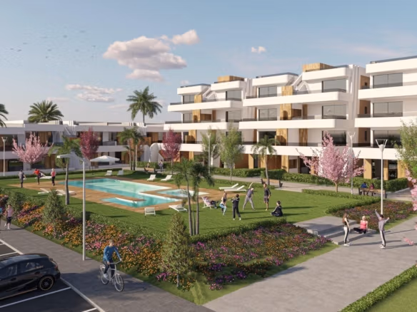 Landscaped communal pool area with modern apartment buildings and parking