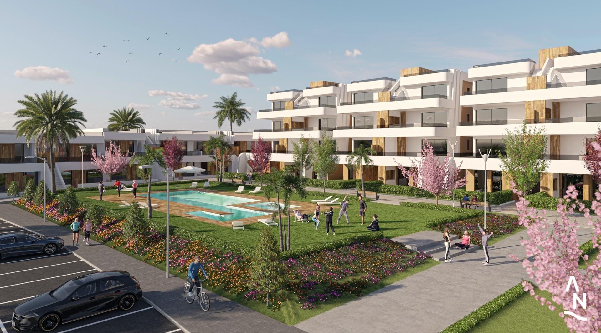 NEW BUILD APARTMENTS IN CONDADO DE ALHAMA GOLF COURSE Landscaped communal pool area with modern apartment buildings and parking