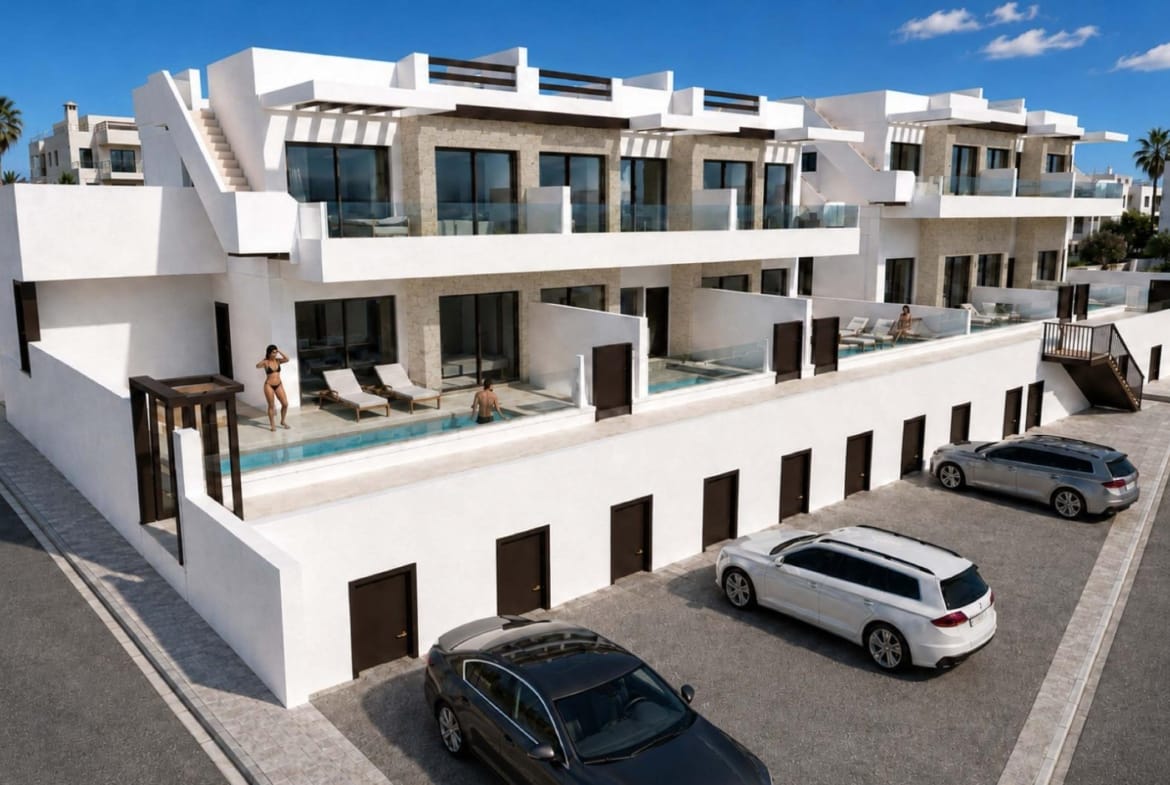 Rendering of the development with glazed terraces, rooftop pools and parking areas in Cerro del Sol, San Miguel de Salinas, Alicante