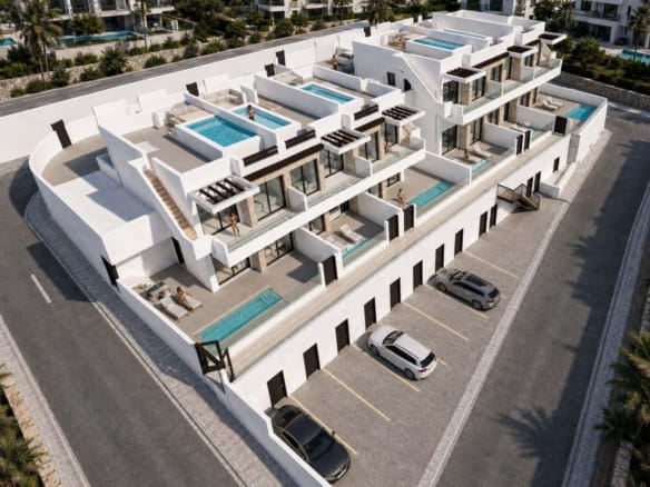 Elevated rendering of the development showing private pools and outdoor terraces in Cerro del Sol, San Miguel de Salinas, Alicante