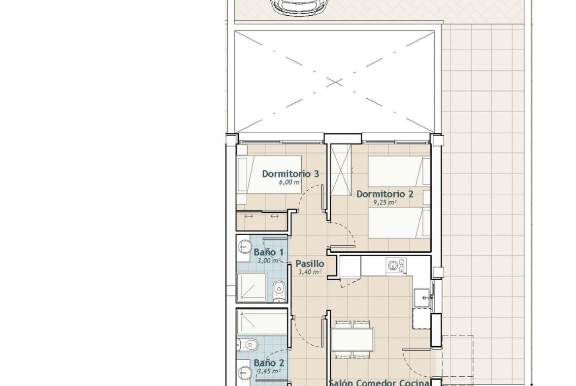 Penthouse floor plan showing 3 bedrooms, 2 bathrooms, an open living area and terraces in Cerro del Sol, San Miguel de Salinas, Alicante