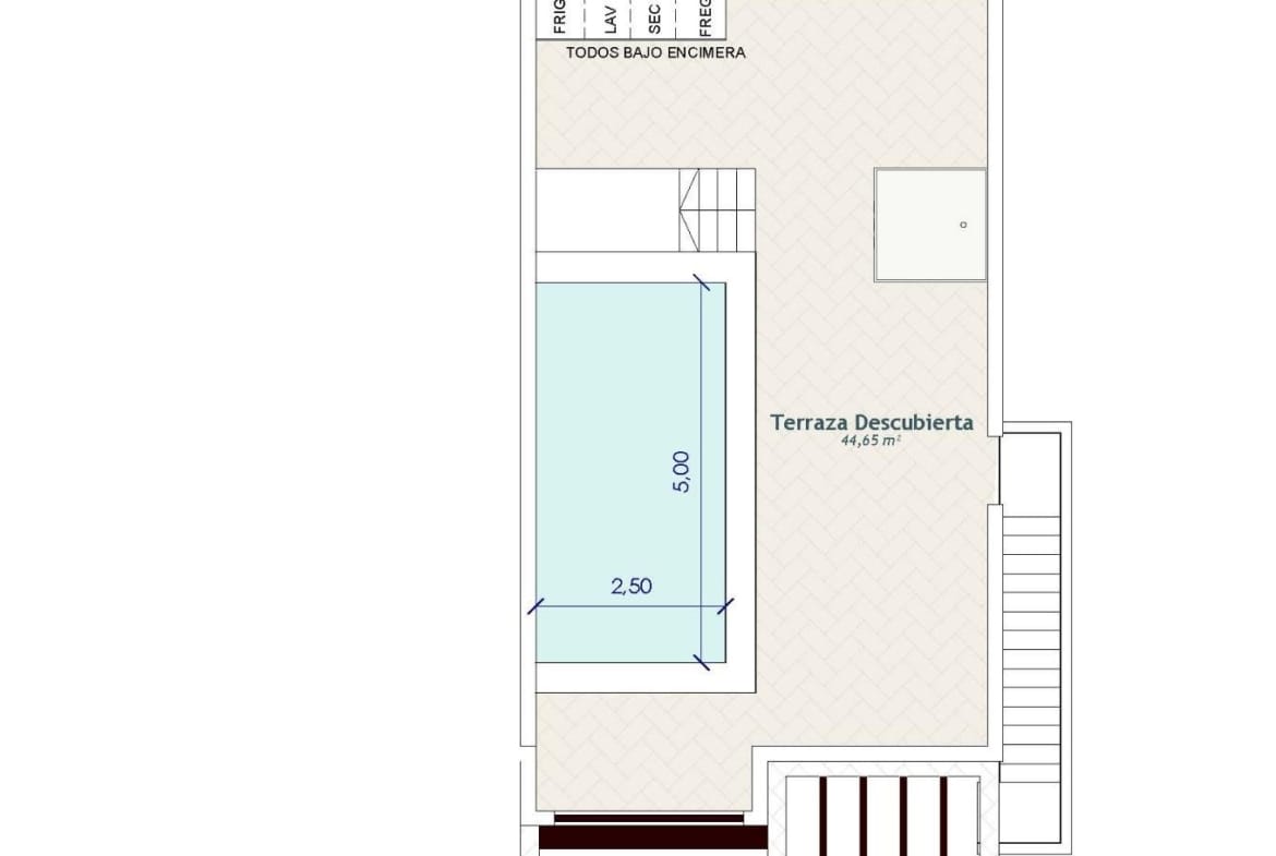 Private rooftop solarium plan showing a swimming pool, terrace and external staircase in Cerro del Sol, San Miguel de Salinas, Alicante
