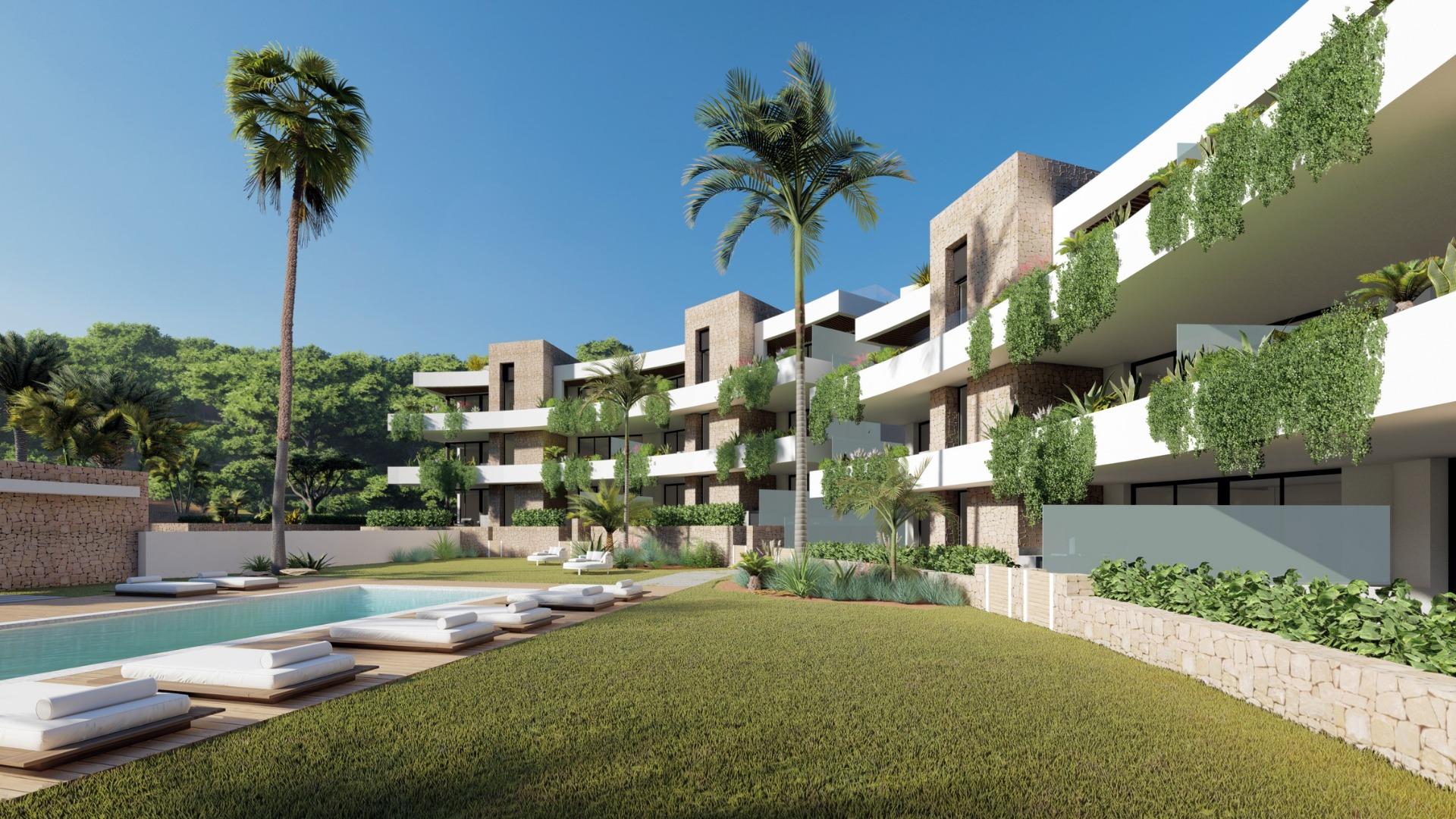 NEW-BUILD-RESIDENTIAL-COMPLEX-IN-LA-MANGA-CLUB-RESORT-1 Architectural rendering of apartment terraces beside the communal pool