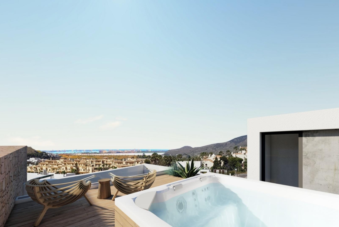 NEW-BUILD-RESIDENTIAL-COMPLEX-IN-LA-MANGA-CLUB-RESORT-10 Architectural rendering of the rooftop solarium with jacuzzi and Mar Menor views