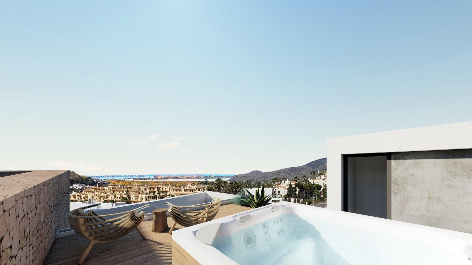 NEW-BUILD-RESIDENTIAL-COMPLEX-IN-LA-MANGA-CLUB-RESORT-10 Architectural rendering of the rooftop solarium with jacuzzi and Mar Menor views