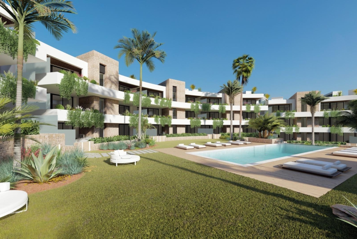 NEW BUILD RESIDENTIAL COMPLEX IN LA MANGA CLUB RESORT Architectural rendering of the communal pool and landscaped gardens at Las Orquídeas