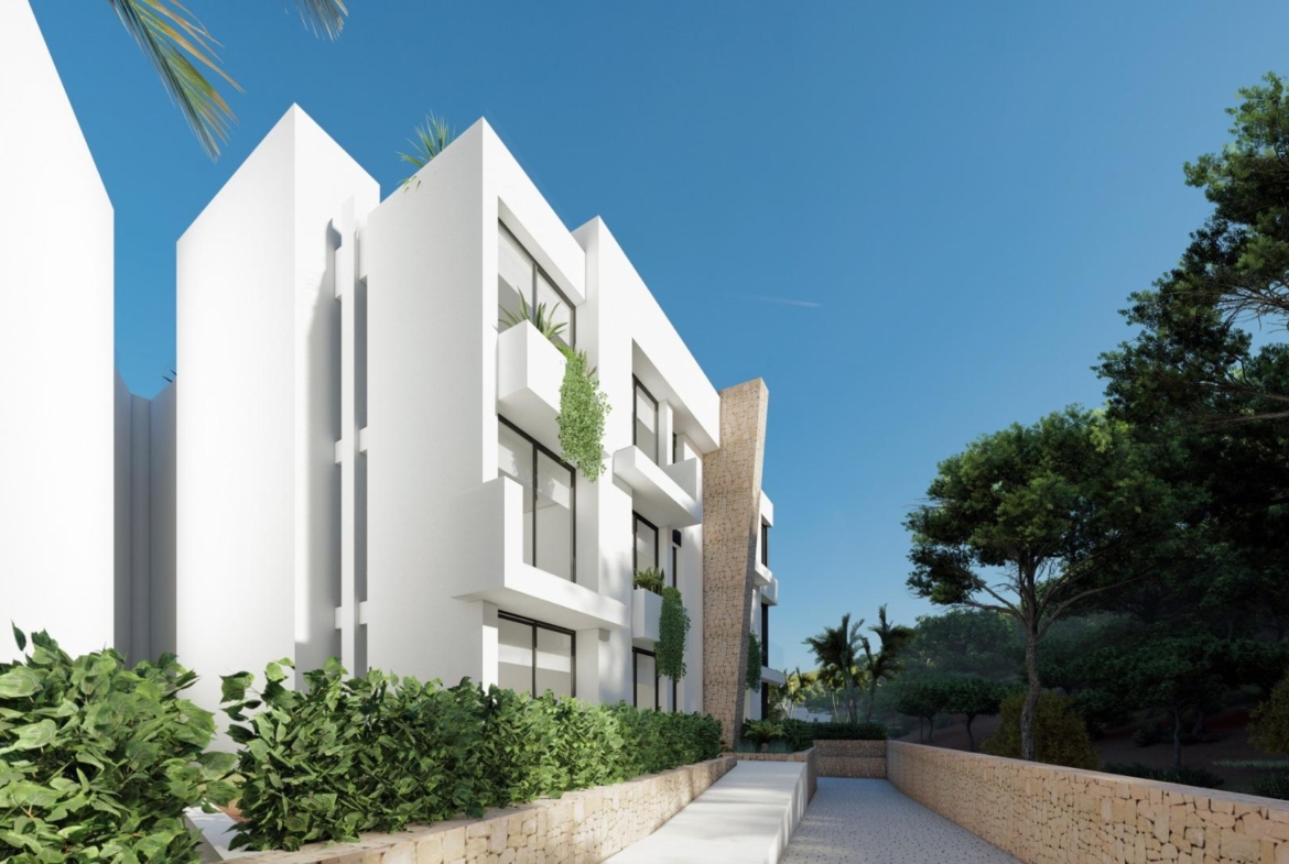 NEW-BUILD-RESIDENTIAL-COMPLEX-IN-LA-MANGA-CLUB-RESORT-12 Landscaped entrance path beside the Las Orquídeas apartment building