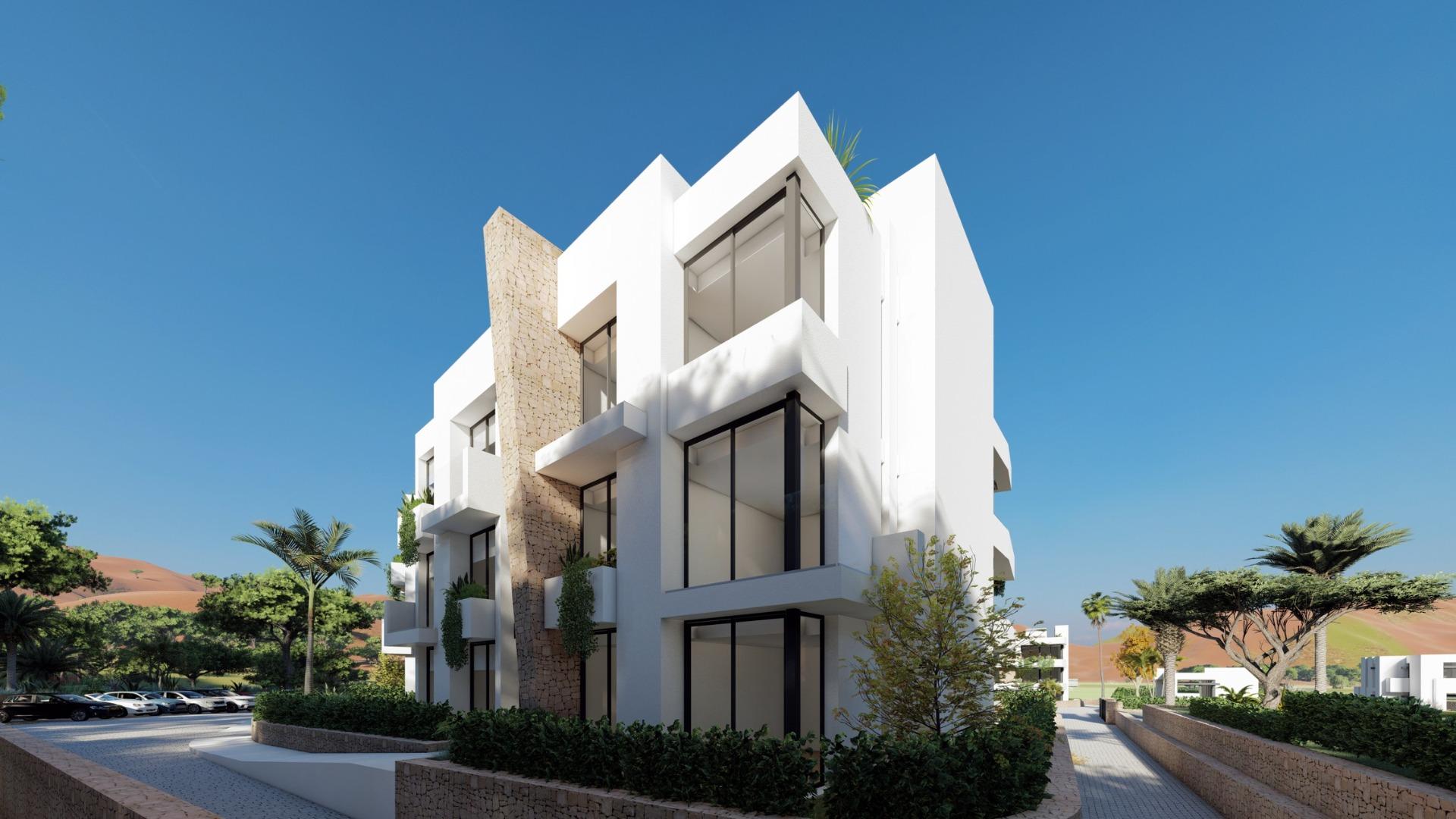 NEW-BUILD-RESIDENTIAL-COMPLEX-IN-LA-MANGA-CLUB-RESORT-13 Contemporary exterior façade of Las Orquídeas apartments in La Manga Club