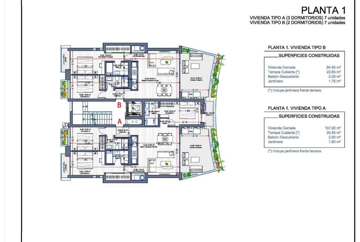 NEW-BUILD-RESIDENTIAL-COMPLEX-IN-LA-MANGA-CLUB-RESORT-15 First floor plan showing Type A and Type B apartments at Las Orquídeas