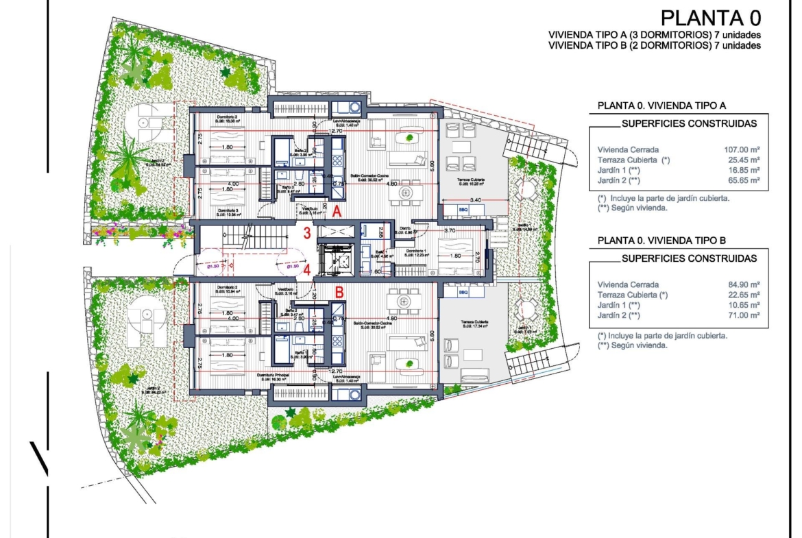 NEW-BUILD-RESIDENTIAL-COMPLEX-IN-LA-MANGA-CLUB-RESORT-15 Ground floor plan showing Type A and Type B apartments with private gardens