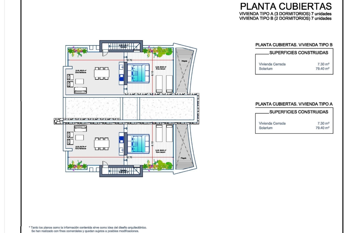 NEW-BUILD-RESIDENTIAL-COMPLEX-IN-LA-MANGA-CLUB-RESORT-17 Rooftop plan showing the private solariums for Type A and Type B penthouses