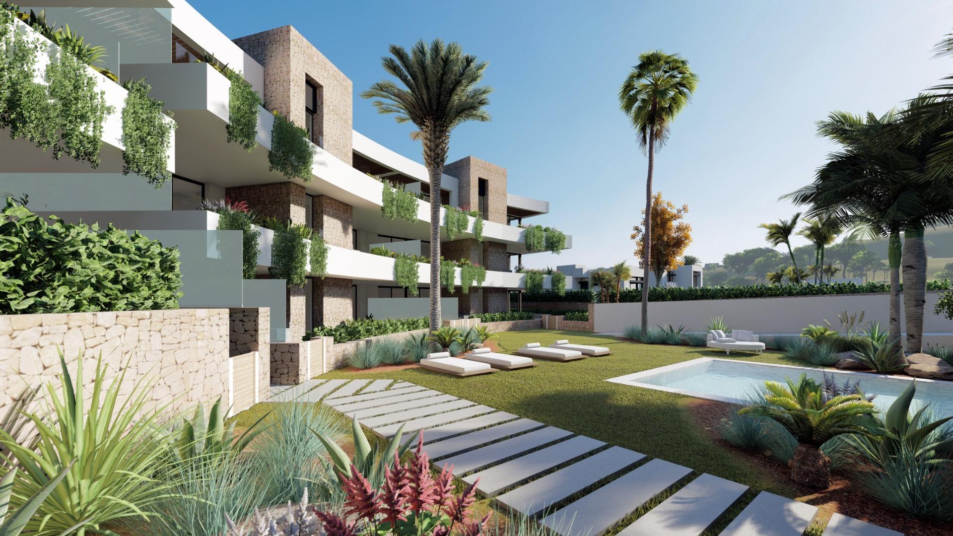 NEW-BUILD-RESIDENTIAL-COMPLEX-IN-LA-MANGA-CLUB-RESORT-3 Landscaped communal gardens beside the apartment buildings