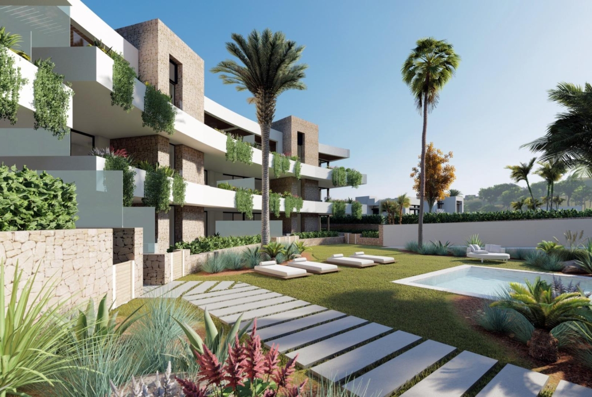 NEW-BUILD-RESIDENTIAL-COMPLEX-IN-LA-MANGA-CLUB-RESORT-3 Landscaped communal gardens beside the apartment buildings
