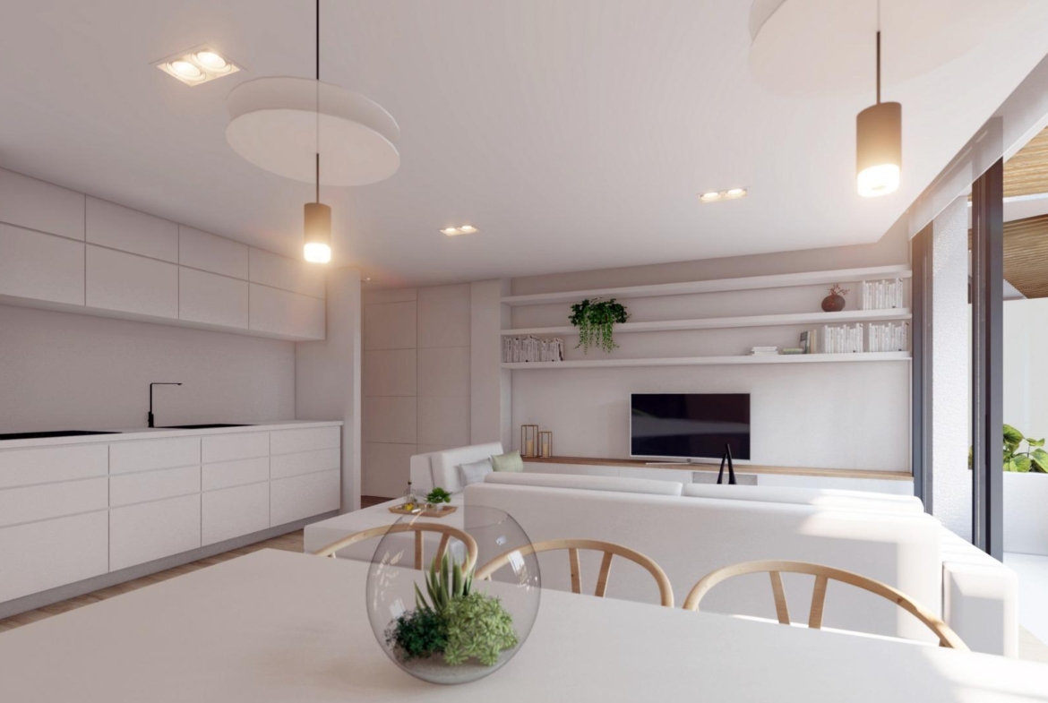 NEW-BUILD-RESIDENTIAL-COMPLEX-IN-LA-MANGA-CLUB-RESORT-7 Kitchen and living room connected to the terrace