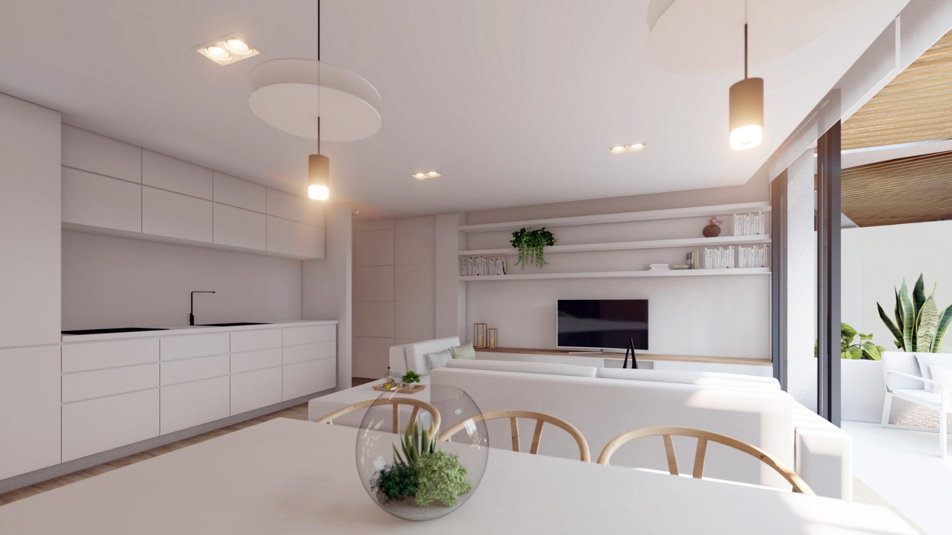 NEW-BUILD-RESIDENTIAL-COMPLEX-IN-LA-MANGA-CLUB-RESORT-7 Kitchen and living room connected to the terrace
