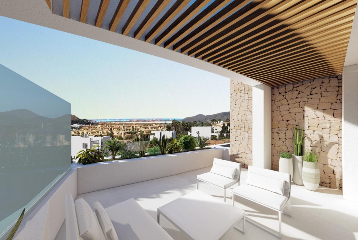 NEW-BUILD-RESIDENTIAL-COMPLEX-IN-LA-MANGA-CLUB-RESORT-9 Private terrace with seating and Mar Menor views at La Manga Club