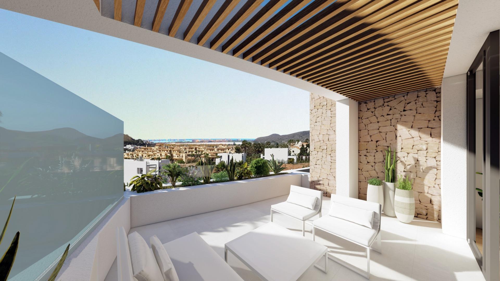 NEW-BUILD-RESIDENTIAL-COMPLEX-IN-LA-MANGA-CLUB-RESORT-9 Private terrace with seating and Mar Menor views at La Manga Club