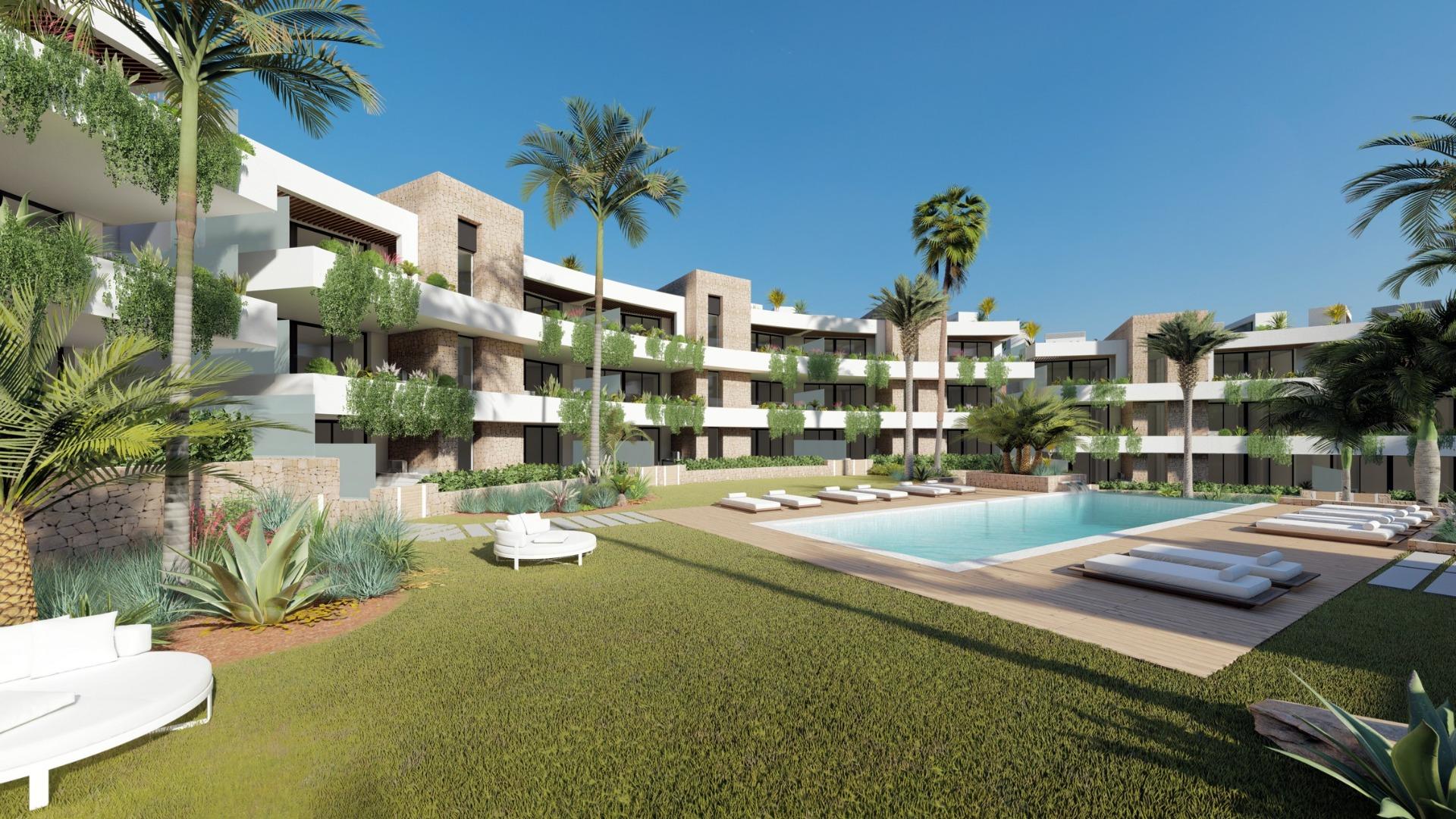 NEW BUILD RESIDENTIAL COMPLEX IN LA MANGA CLUB RESORT Architectural rendering of the communal pool and landscaped gardens at Las Orquídeas