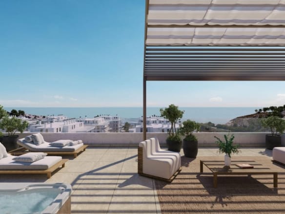 Sea-view terrace with pergola and hot tub in Playa del Torres, Villajoyosa, Alicante