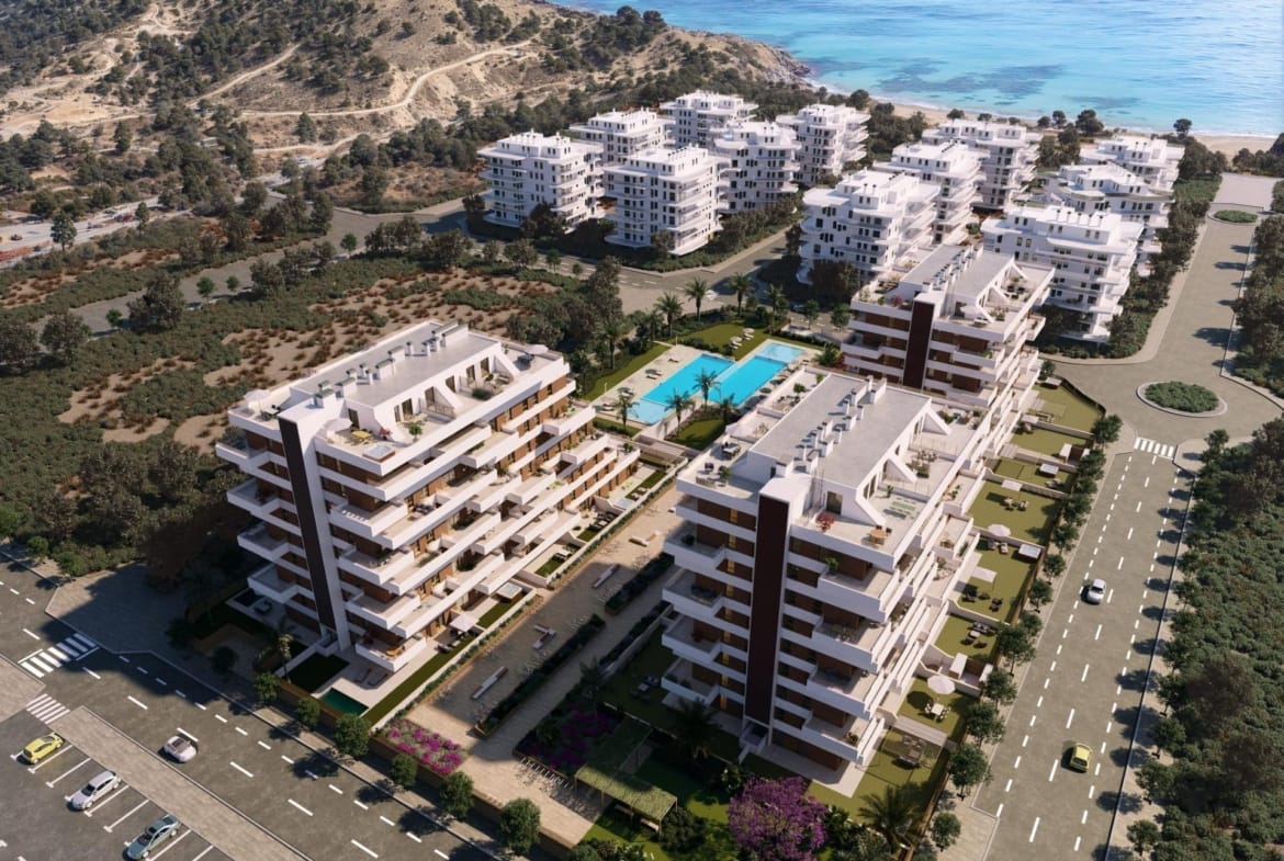 Aerial view of the apartment complex and coastline in Playa del Torres, Villajoyosa, Alicante