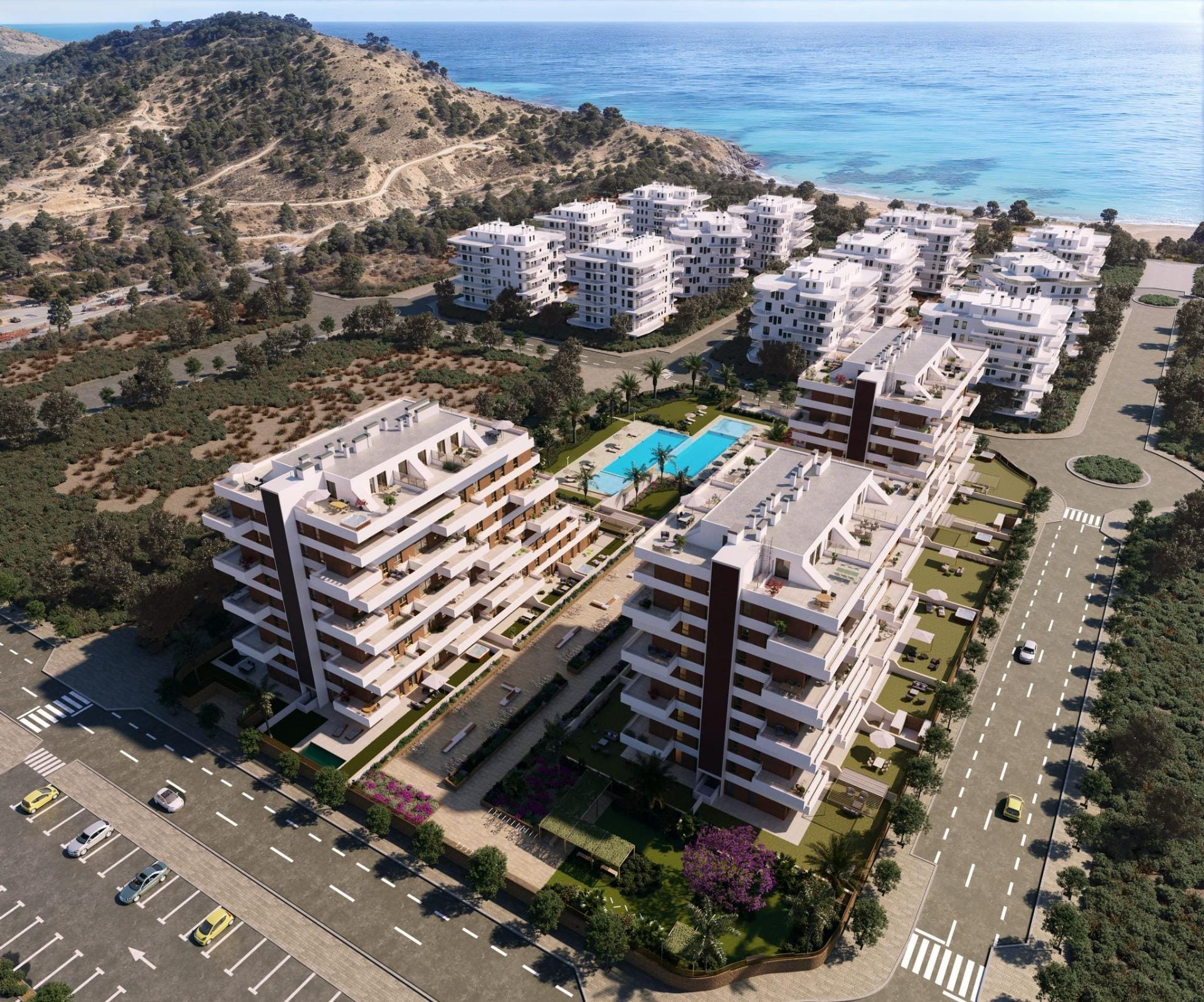 NEW-BUILD-RESIDENTIAL-COMPLEX-IN-VILLAYOJOSA-13 Aerial view of the apartment complex and coastline in Playa del Torres, Villajoyosa, Alicante