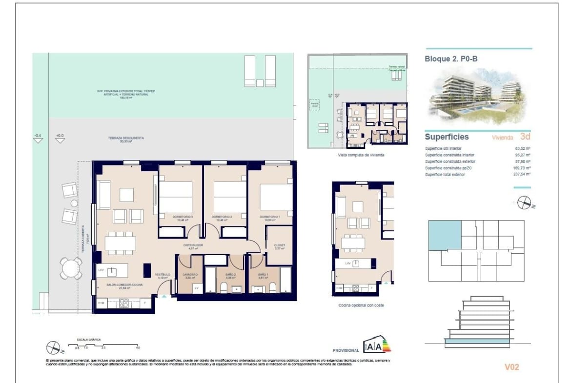 Three-bedroom ground-floor apartment floor plan with large terrace and private outdoor area