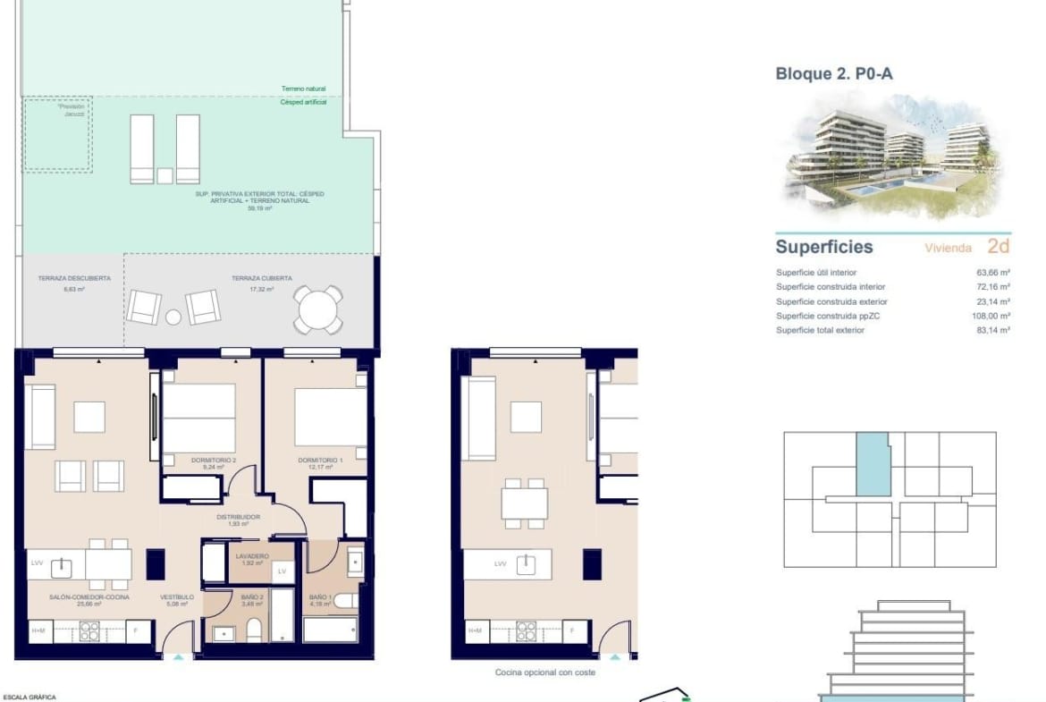 2 Bedroom Ground Floor Apartment Plan with 2 bathrooms, a terrace and private garden in Playa del Torres, Villajoyosa, Alicante