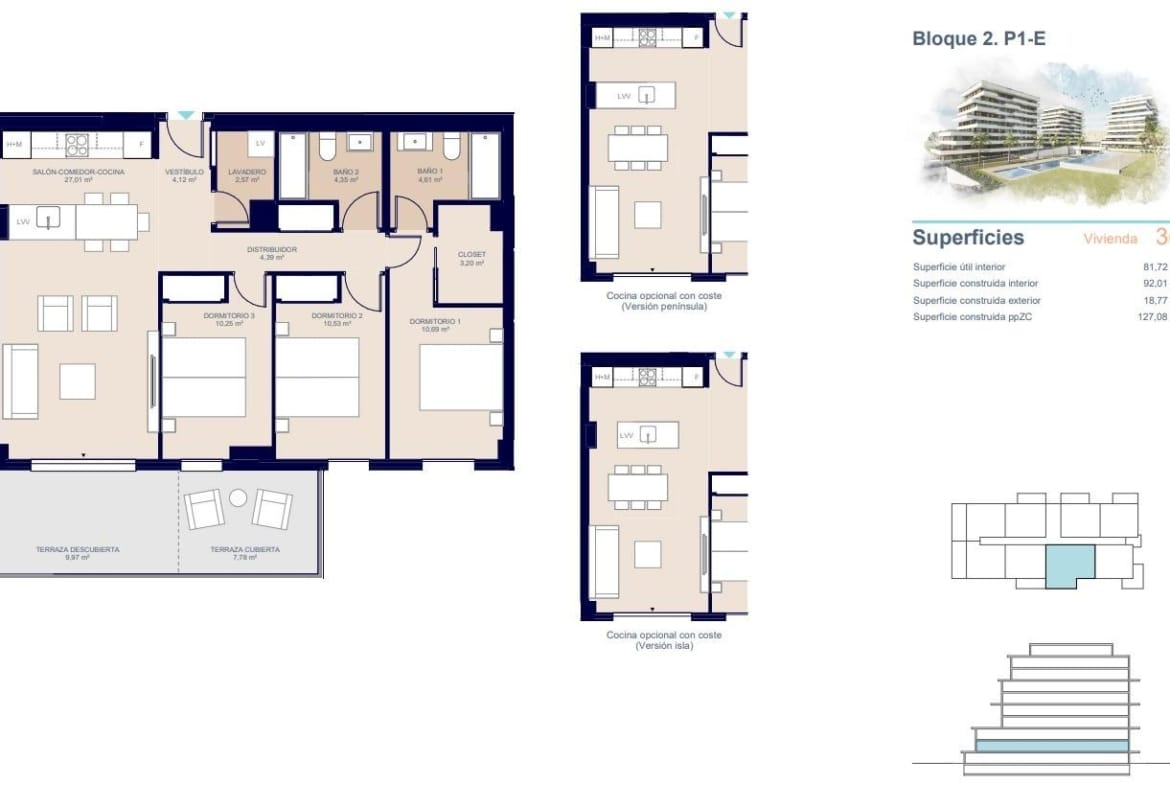 3 Bedroom Apartment Floor Plan with 2 bathrooms and a terrace in Playa del Torres, Villajoyosa, Alicante