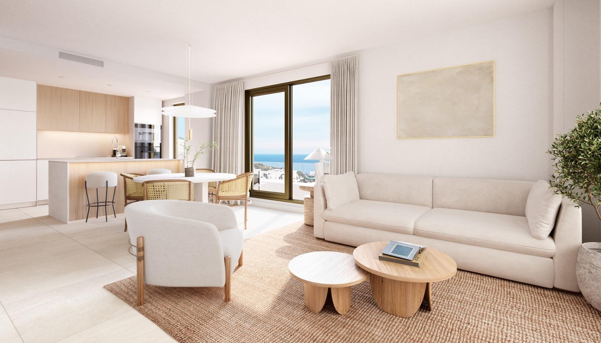 NEW-BUILD-RESIDENTIAL-COMPLEX-IN-VILLAYOJOSA-3 Open plan living and dining room beside a kitchen and terrace doors in Playa del Torres, Villajoyosa, Alicante