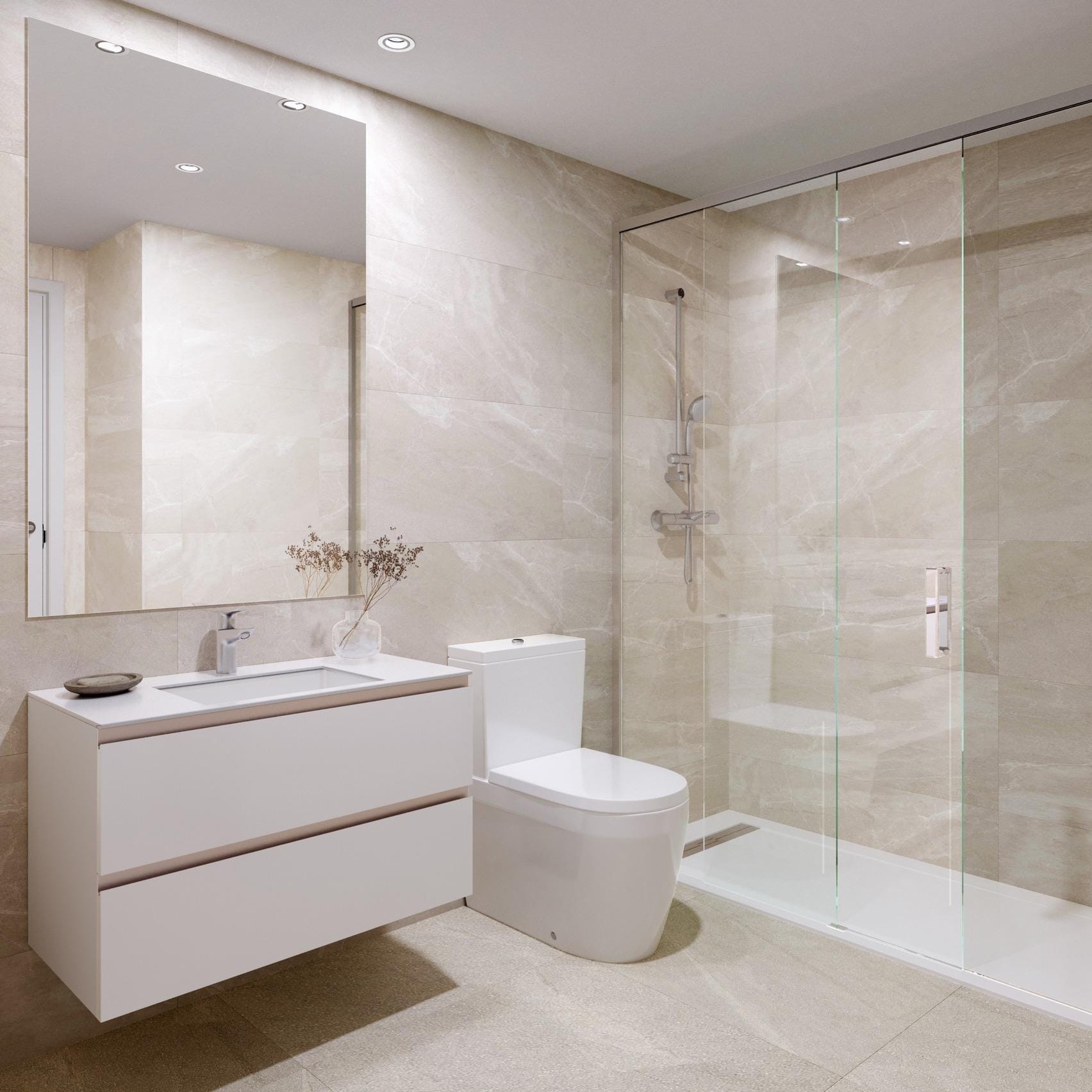 Bathroom with a glass shower enclosure and floating vanity in Playa del Torres, Villajoyosa, Alicante