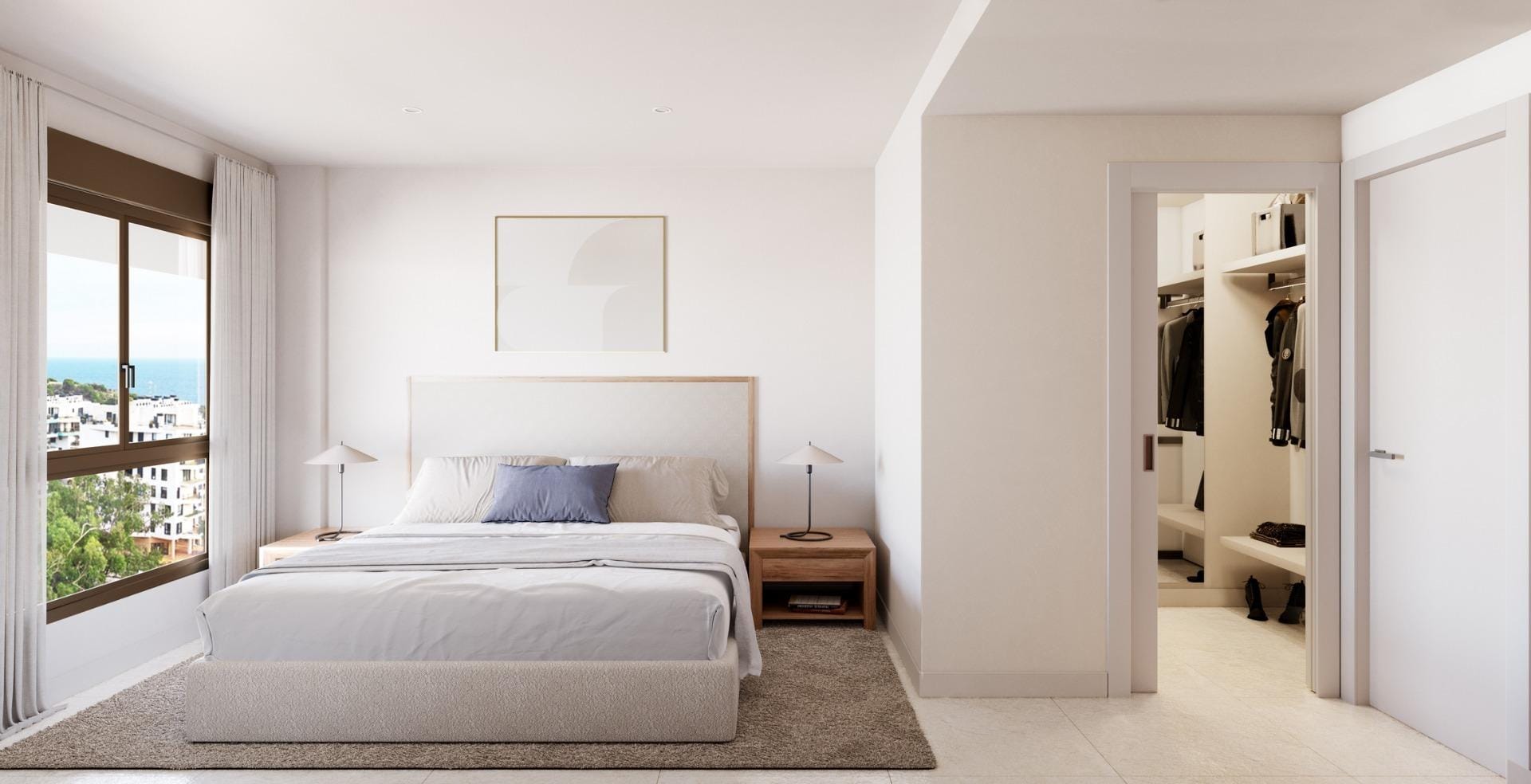 NEW-BUILD-RESIDENTIAL-COMPLEX-IN-VILLAYOJOSA-5 Double bedroom with a large window and dressing area in Playa del Torres, Villajoyosa, Alicante