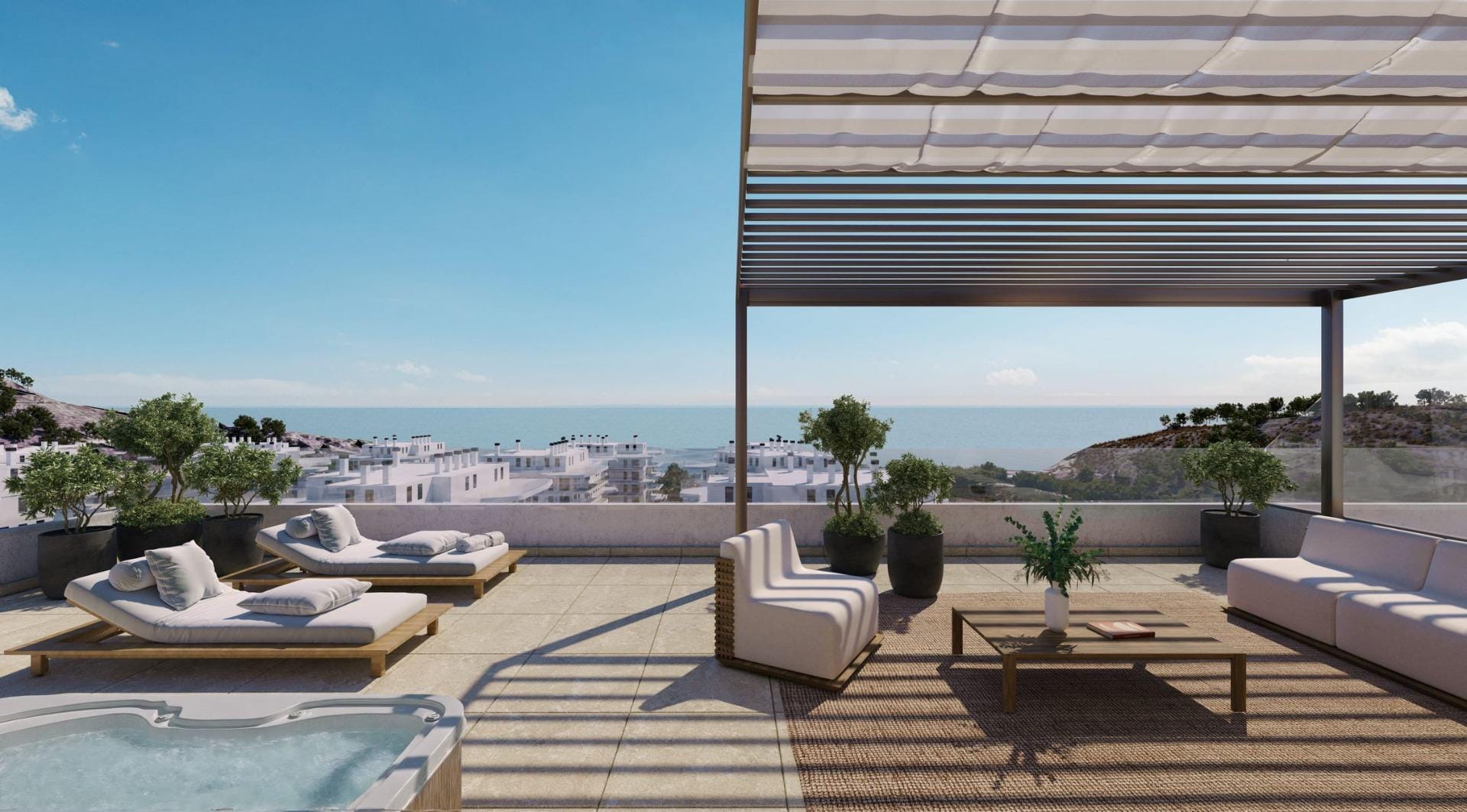NEW-BUILD-RESIDENTIAL-COMPLEX-IN-VILLAYOJOSA-8 Rooftop terrace with shaded seating, sun loungers and a hot tub in Playa del Torres, Villajoyosa, Alicante