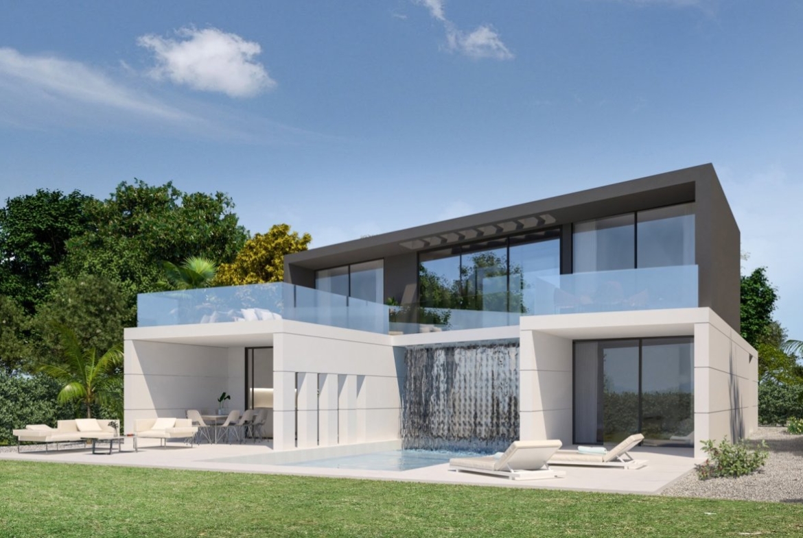 Rendered rear elevation showing central water curtain dropping into the swimming pool and lawn