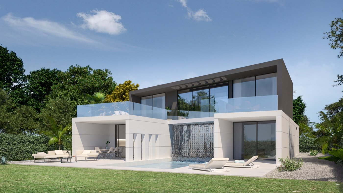 Rendered rear elevation showing central water curtain dropping into the swimming pool and lawn