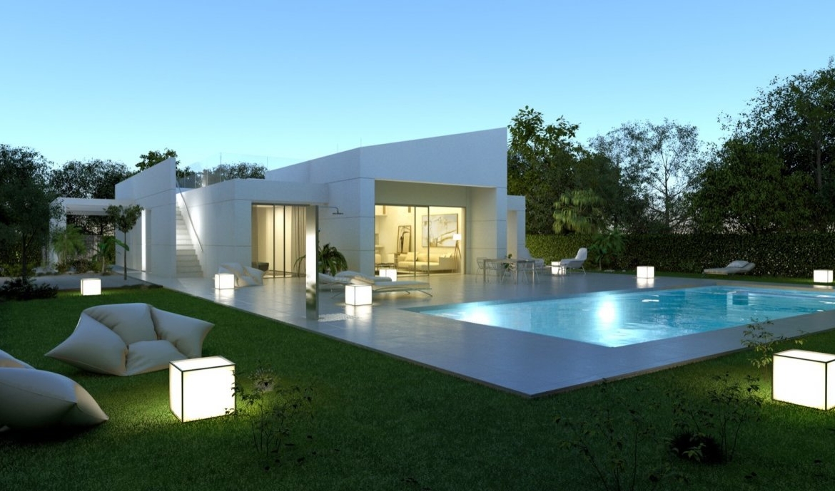 Evening render of single-storey villa garden with illuminated pool and outdoor seating