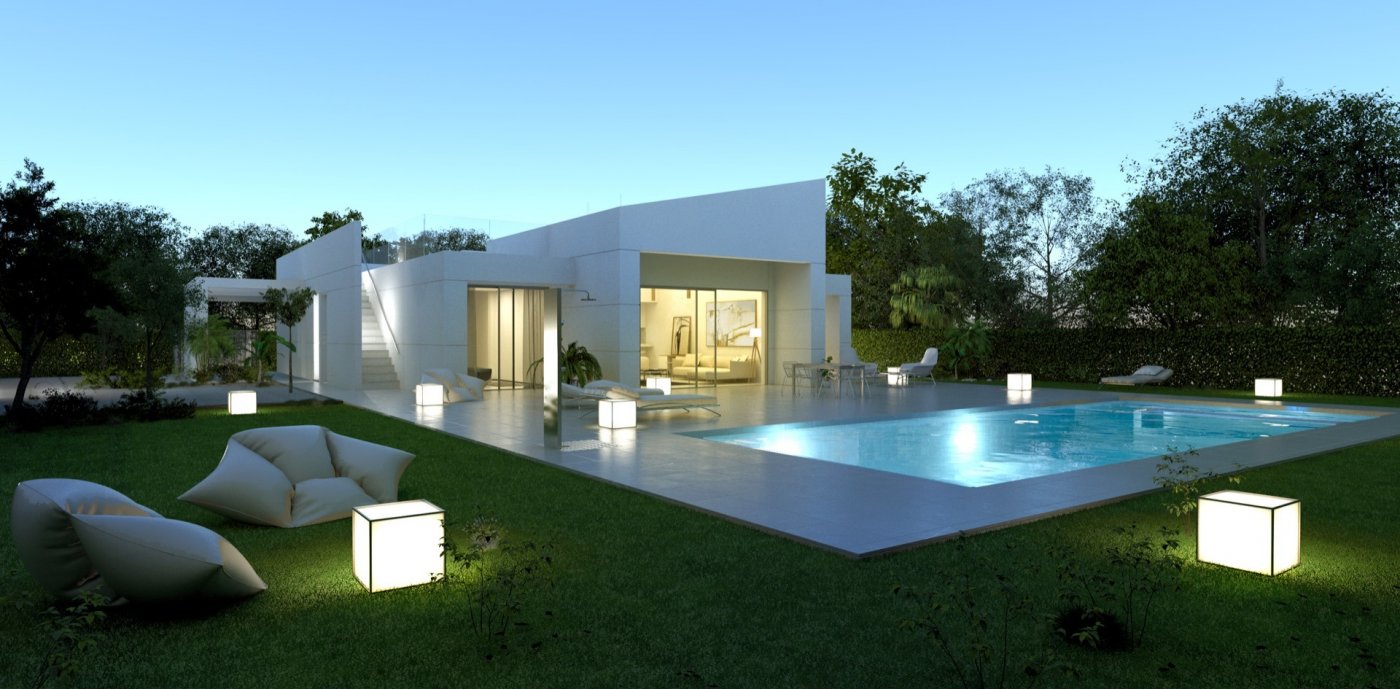 Evening render of single-storey villa garden with illuminated pool and outdoor seating